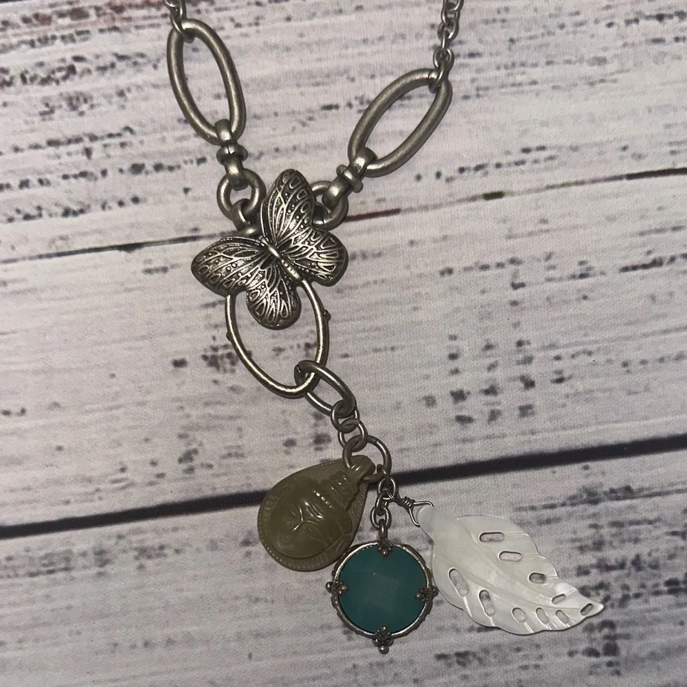 Lucky Brand-Buddha-Silver Butterfly Pendant-MOP Leaf Charm‎ Tassel 20